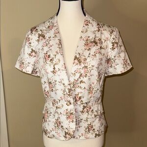 Smart Set Floral Blazer White Pink Green Short Sleeved Light Single Button Sz 9